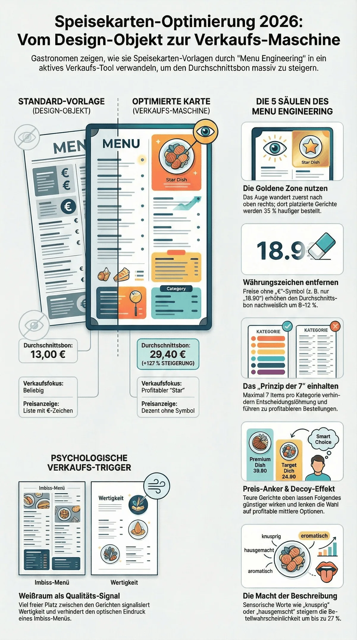 Speisekarten-Optimierung 2026: Vom Design-Objekt zur Verkaufsmaschine mit den 5 Säulen des Menu Engineering