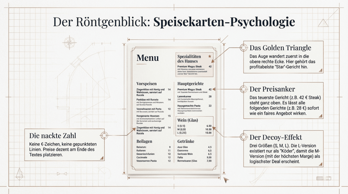 Speisekarten-Psychologie mit Golden Triangle, Preisanker, Decoy-Effekt und nackten Zahlen ohne Euro-Zeichen: 5 Hebel die den Durchschnittsbon um 10 bis 30 Prozent steigern