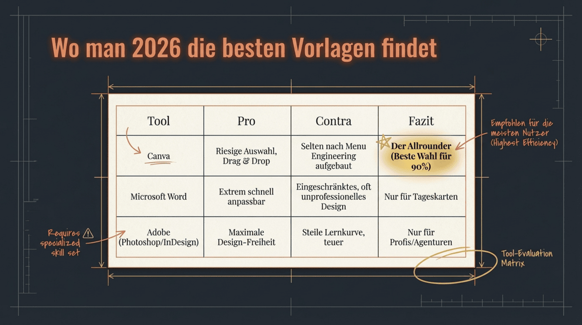 Speisekarten Vorlagen 2026: Canva als Allrounder, Word nur für Tageskarten, Adobe für Profis – Tool-Vergleich