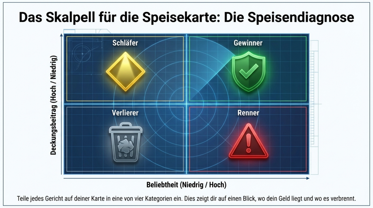 Die Speisendiagnose: Schläfer, Gewinner, Verlierer und Renner — vier Quadranten nach Deckungsbeitrag und Beliebtheit