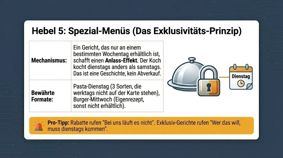 Spezial-Menüs Restaurant Wochentage – Exklusivitätsprinzip Pasta-Dienstag