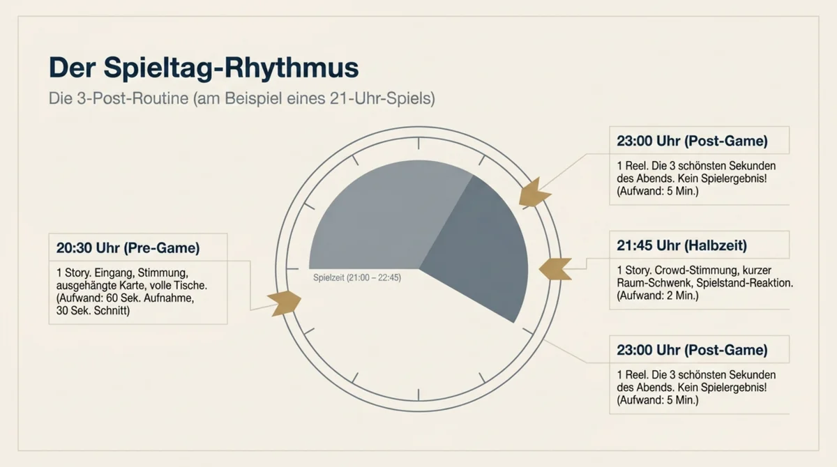 Der Spieltag-Rhythmus zur WM 2026: 3-Post-Routine für ein 21-Uhr-Spiel – Story Pre-Game (20:30), Story Halbzeit (21:45), Reel Post-Game (23:00)