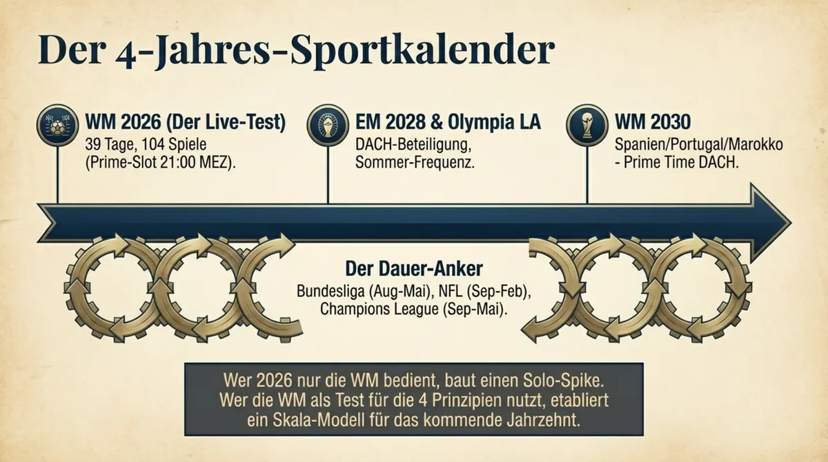 4-Jahres-Sportkalender: WM 2026, EM 2028, Olympia LA, WM 2030 als Sport-Frequenz-Anker mit Bundesliga-Baseline