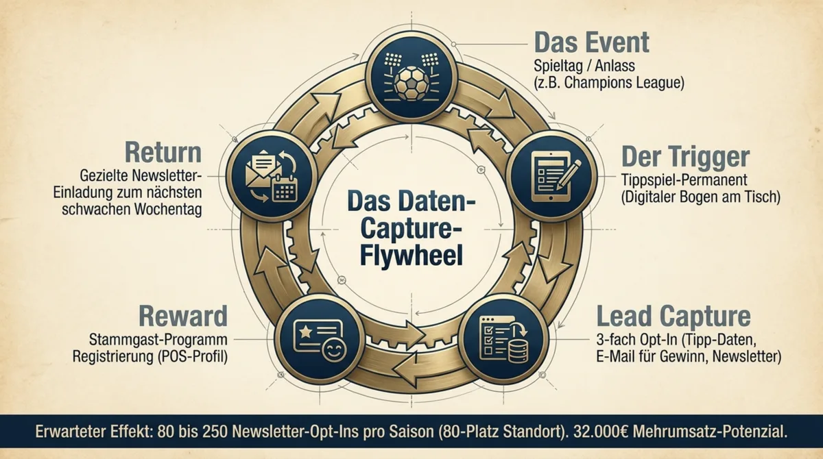 Sportbar Daten-Capture-Flywheel: Event-Trigger Lead-Capture Reward Return als 12-Monats-Stammgast-System