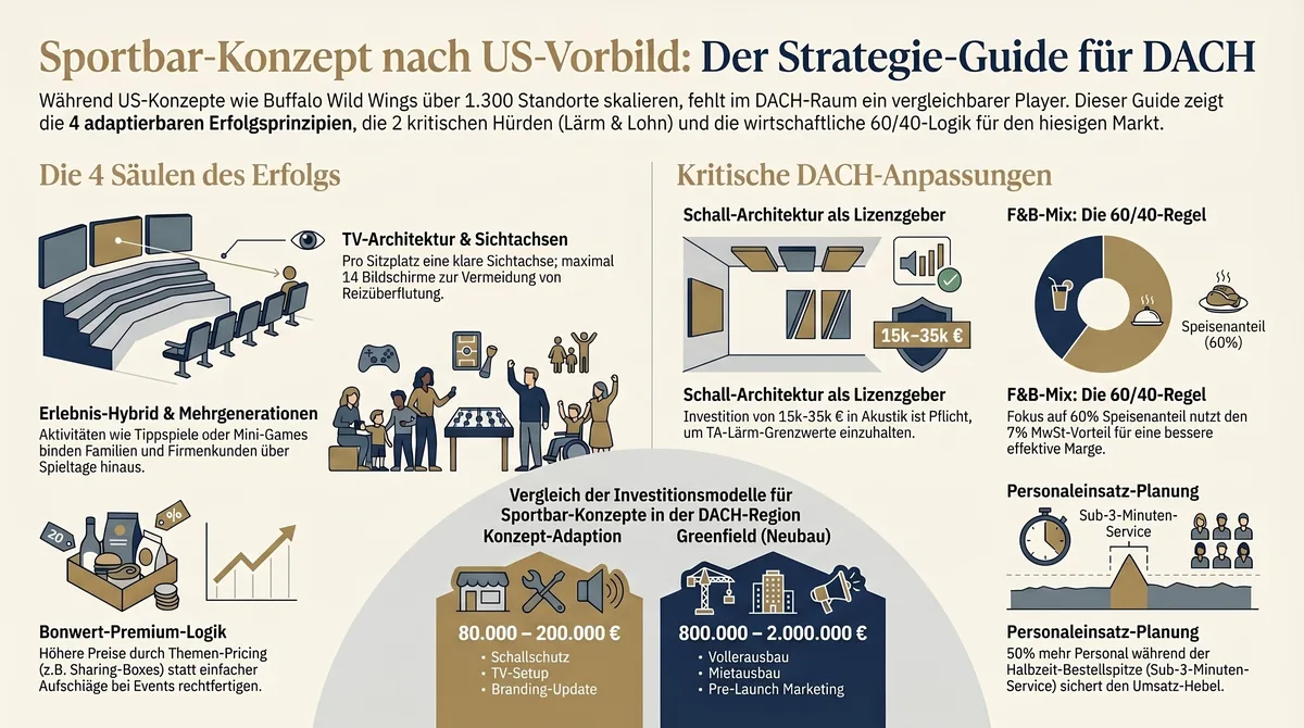 GastroInsider Infografik Sportbar-Konzept nach US-Vorbild: 4 Säulen, kritische DACH-Anpassungen, Schall, F&B-Mix und Investitionsmodelle