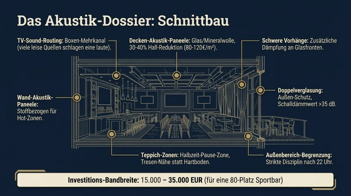Sportbar Schall-Architektur Schnittbau: 7 Akustik-Maßnahmen für DACH-Lärmschutz TA-Lärm Compliance 15.000-35.000 EUR