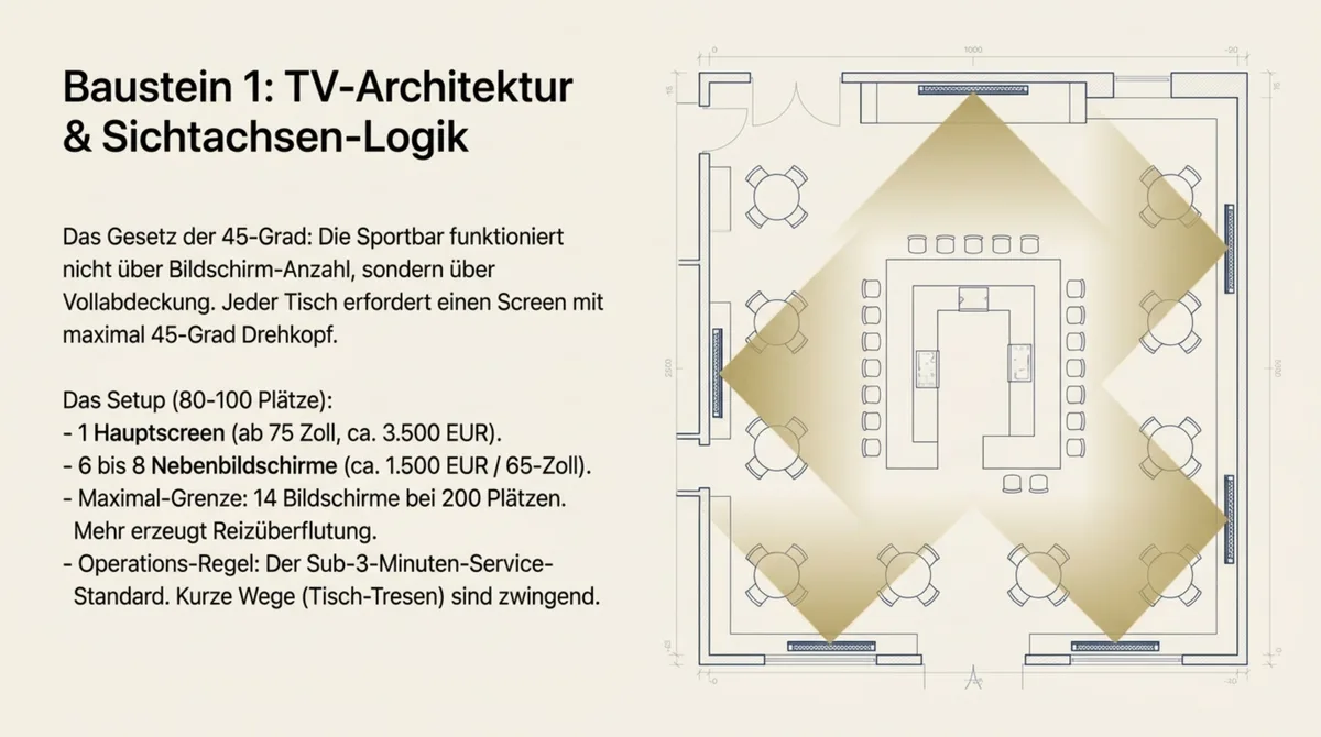 Sportbar TV-Architektur Grundriss Sichtachsen-Logik: Hauptscreen 75 Zoll plus 4-14 Nebenbildschirme nach Saalgröße