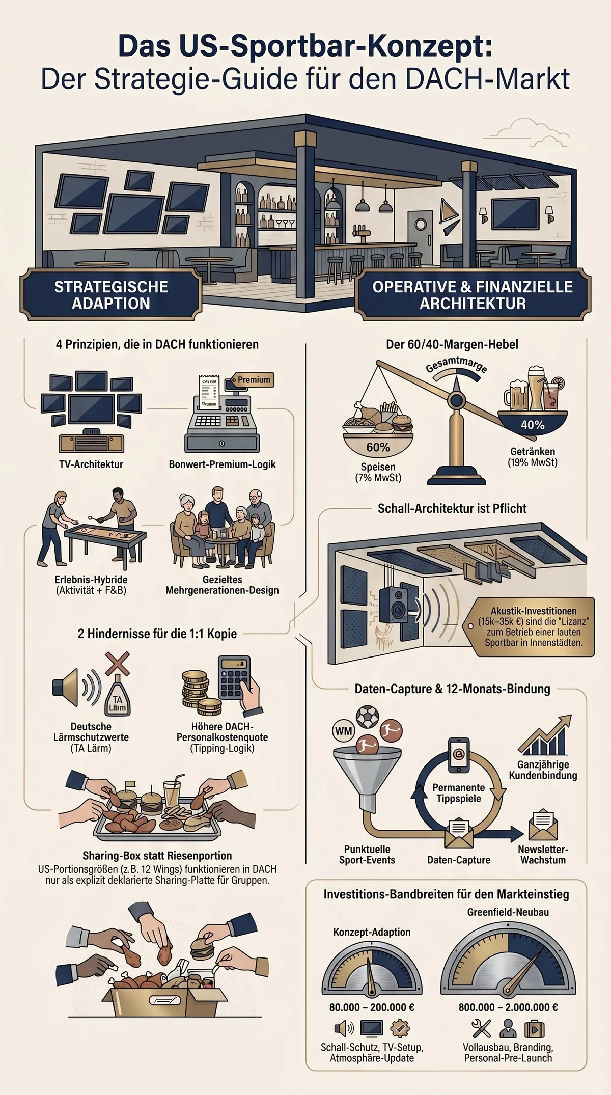 GastroInsider Infografik Das US-Sportbar-Konzept als Strategie-Guide für den DACH-Markt mit 4 Prinzipien und Finanzarchitektur