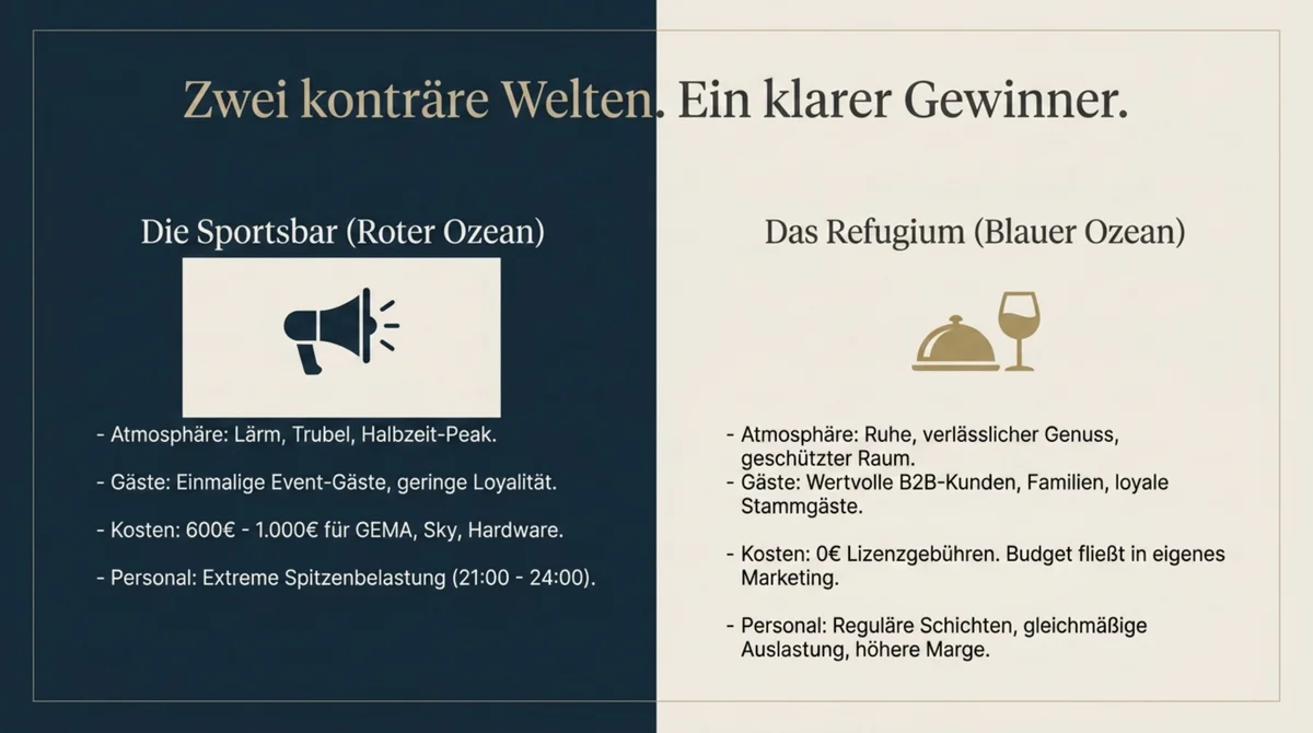 Sportsbar versus Refugium zur WM 2026: Vergleich von Atmosphäre, Kosten, Gäste-Loyalität und Personal-Belastung – das Restaurant als ruhiger Genuss-Raum gewinnt