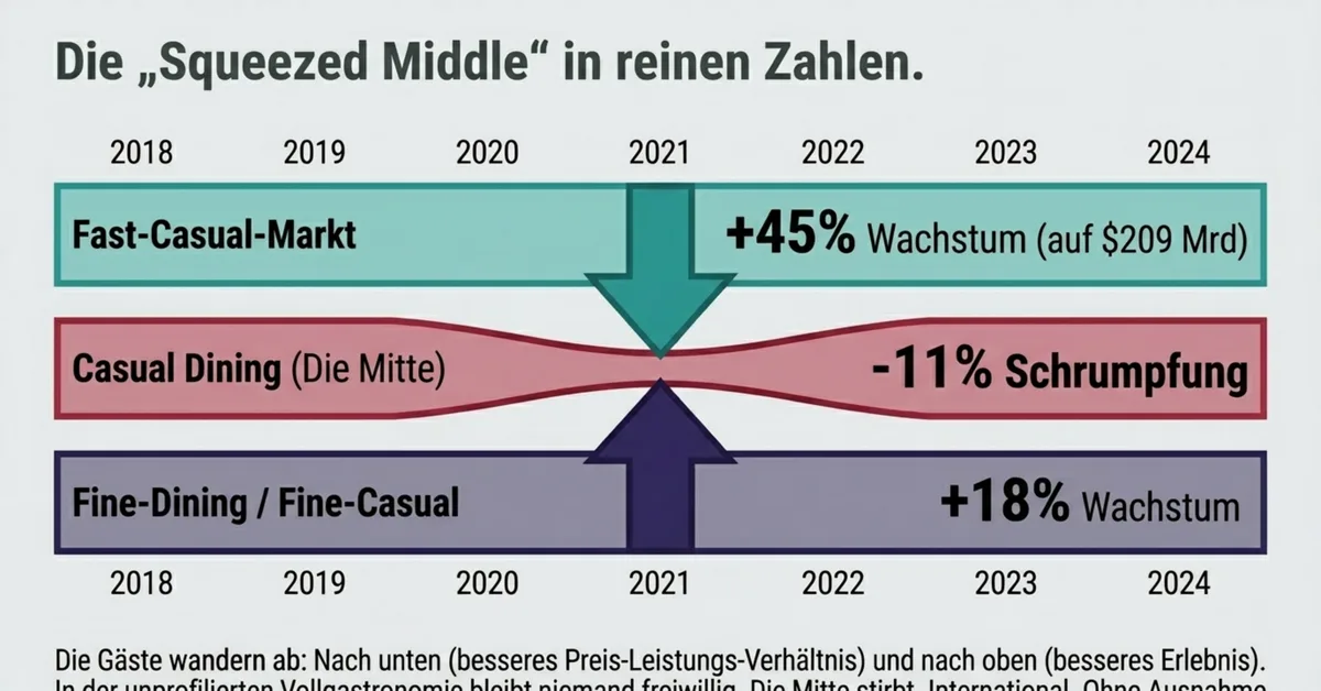 Squeezed Middle Casual Dining Markt 2018 bis 2024: Fast Casual plus 45 Prozent, Fine Dining plus 18 Prozent, Casual Dining minus 11 Prozent