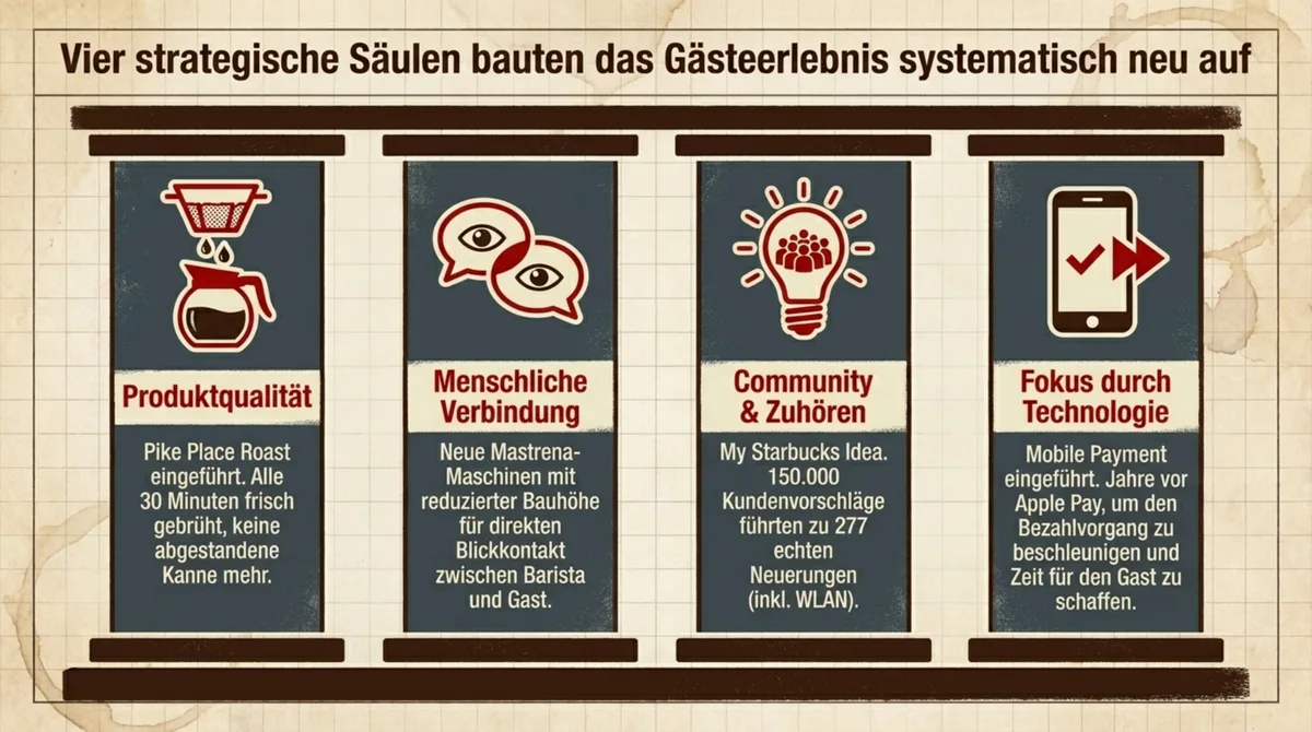 Starbucks vier strategische Säulen des Turnarounds – Produktqualität, menschliche Verbindung, Community und Technologie im Dienst des Kerns