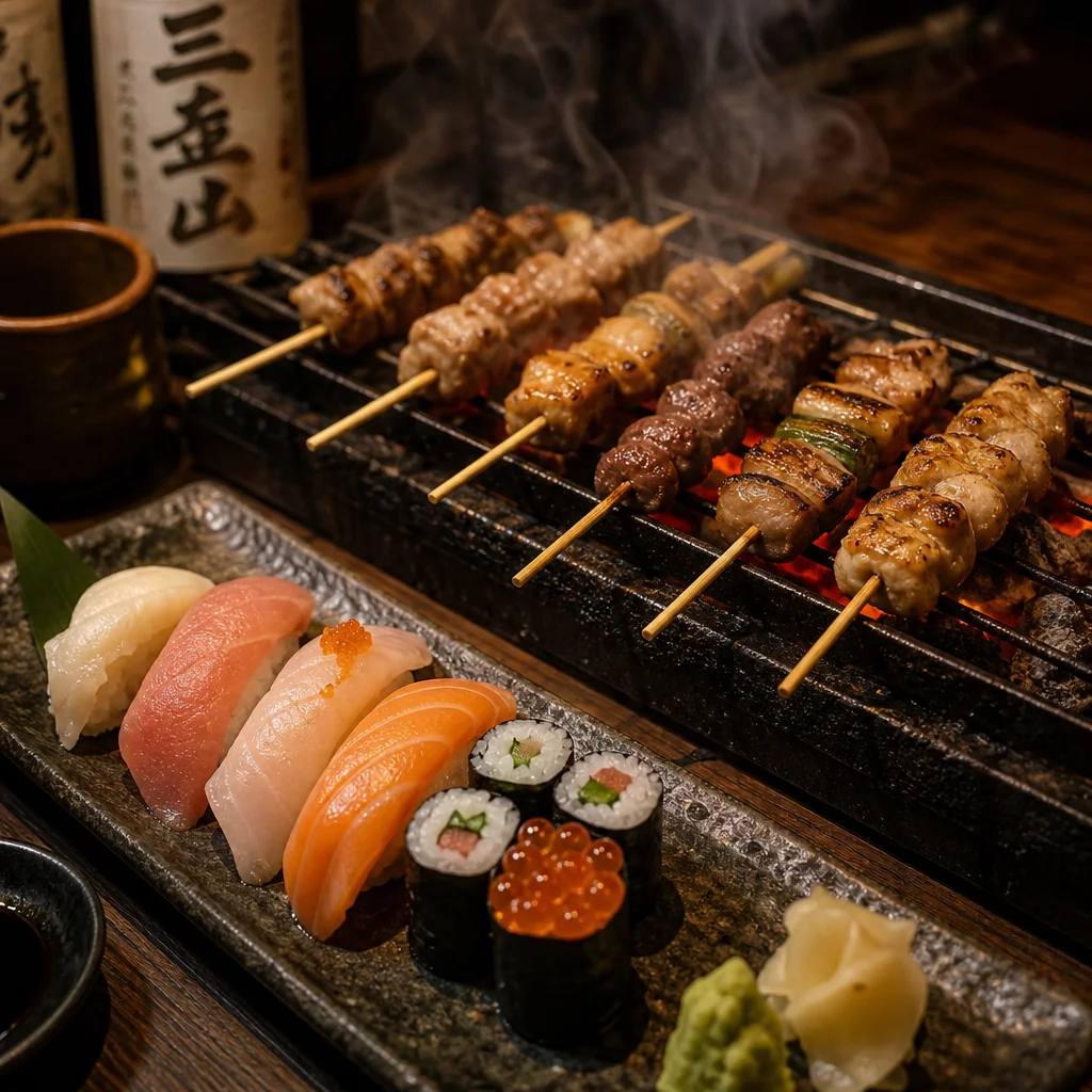 Yakitori-Grill und Sushi-Teller auf dunklem Holzbrett — DK-JP-Doppelkultur