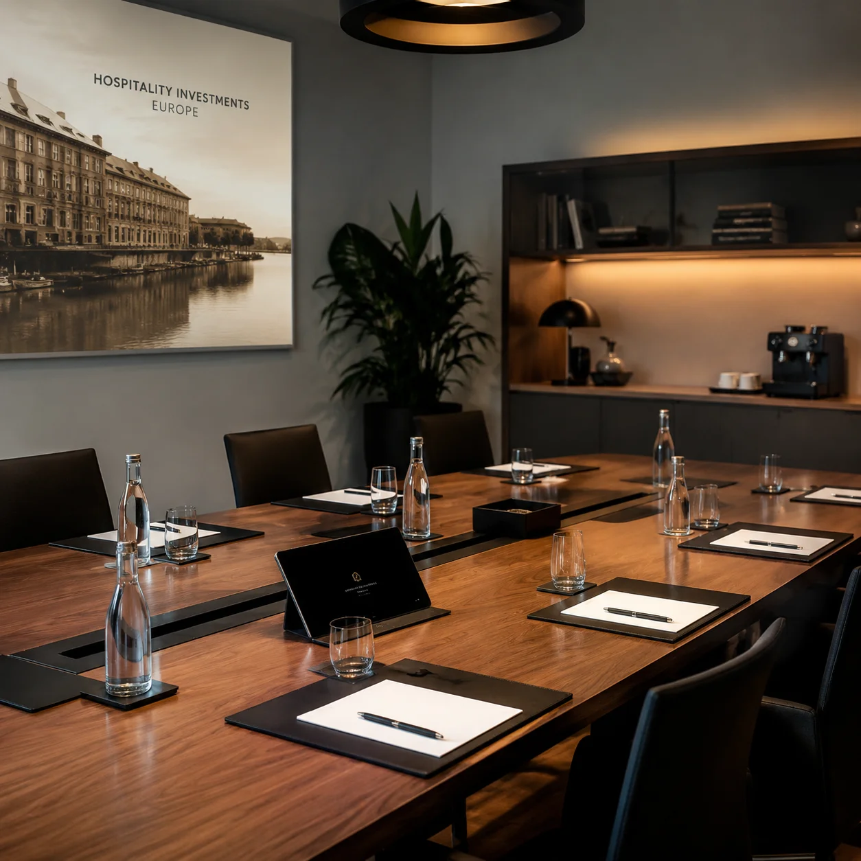 Moderner Boardroom-Raum mit europäischer Hospitality-Investment-Atmosphäre