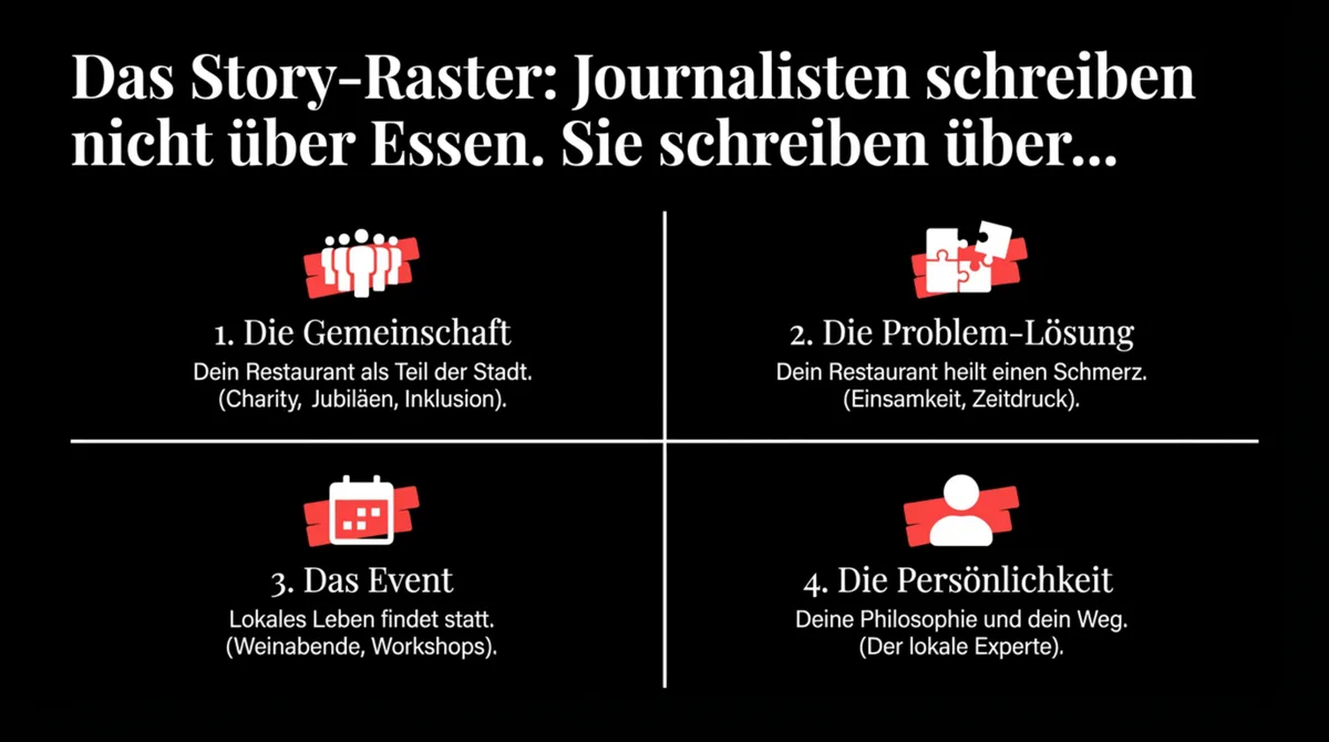 Das Story-Raster für Restaurant-Pressearbeit: 4 Story-Typen die Journalisten immer drucken – Gemeinschaft, Problem-Lösung, Event, Persönlichkeit