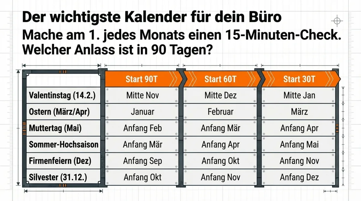 Strategiekalender Restaurant: Planungsstart 90, 60 und 30 Tage vor Valentinstag, Ostern, Firmenfeiern und Silvester