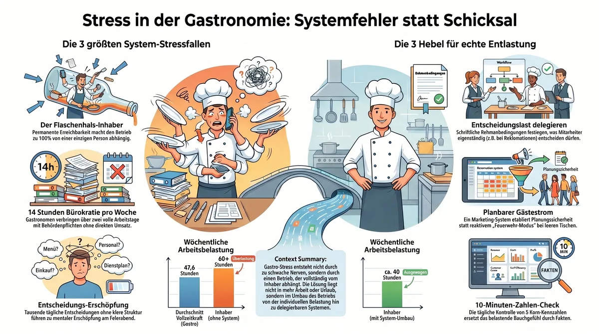Infografik: Stress in der Gastronomie – Die 3 größten System-Stressfallen und 3 Hebel für echte Entlastung im Überblick