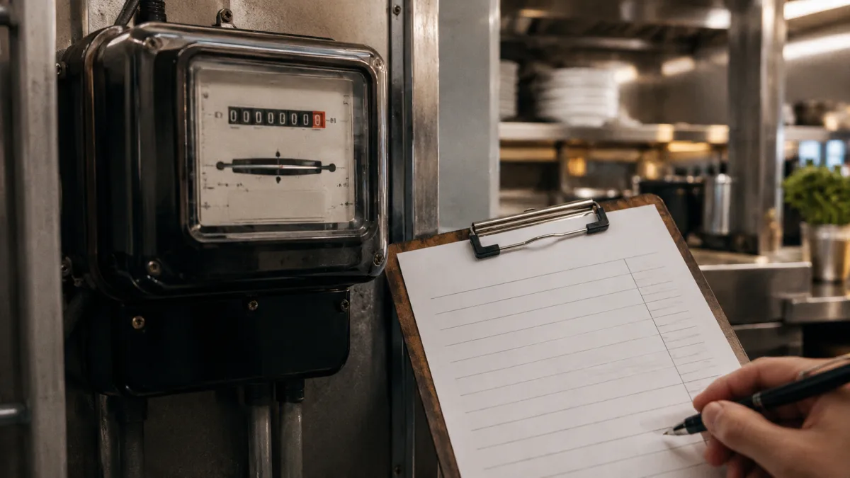 Stromzähler im Technikraum einer Restaurantküche, daneben ein Klemmbrett mit Ableseliste