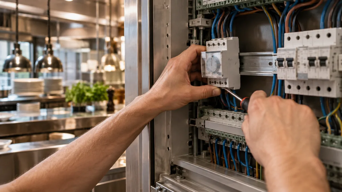 Elektriker setzt eine Zeitschaltuhr in den Verteilerkasten einer Gastroküche