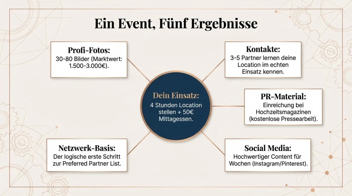 Styled Shoot für Hochzeitslocation: Fünf Ergebnisse aus einem Event – Profi-Fotos, Kontakte, PR, Social Media und Netzwerk