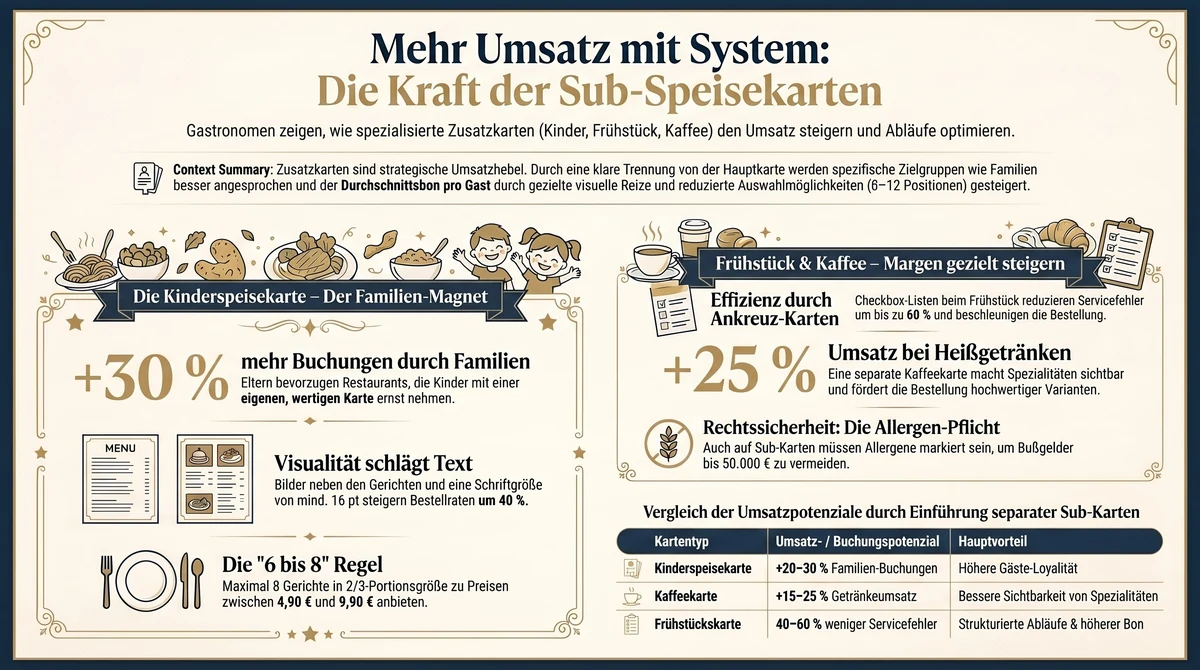 Sub-Speisekarten Umsatz-System: Kinderkarte, Kaffeekarte und Frühstückskarte Umsatzpotenziale im Vergleich
