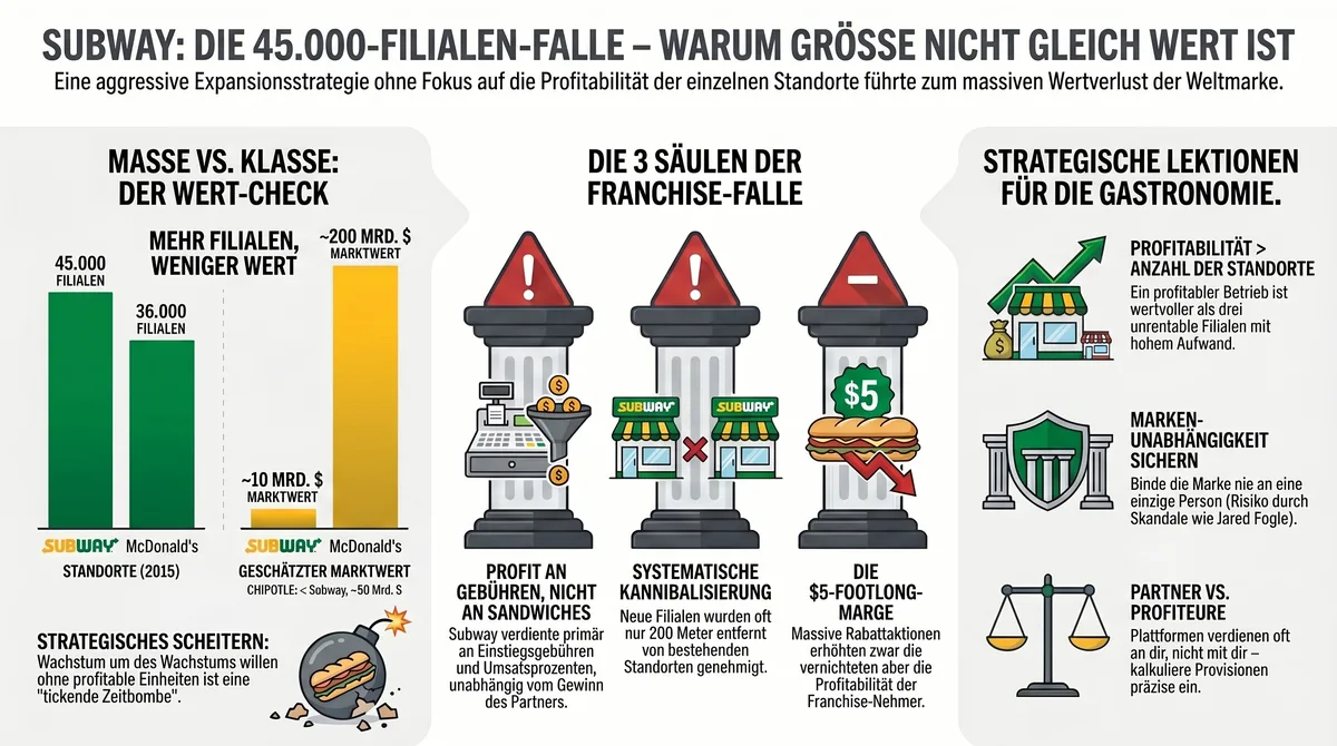 Infografik: Subway Franchise-Falle – Masse vs. Klasse, die 3 Säulen der Franchise-Falle und strategische Lektionen für Gastronomen