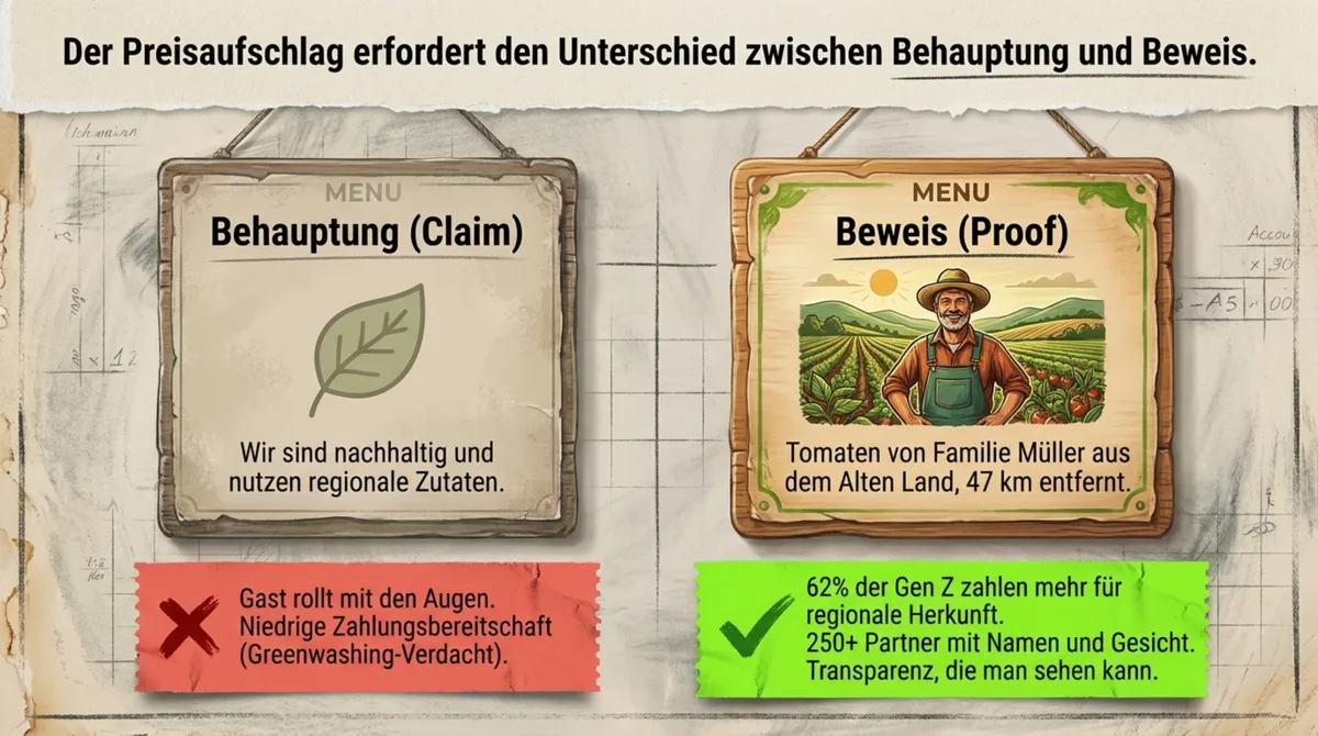 Behauptung vs. Beweis in der Gastronomie: Wir sind nachhaltig versus konkreter Lieferant mit Name, Gesicht und Kilometern
