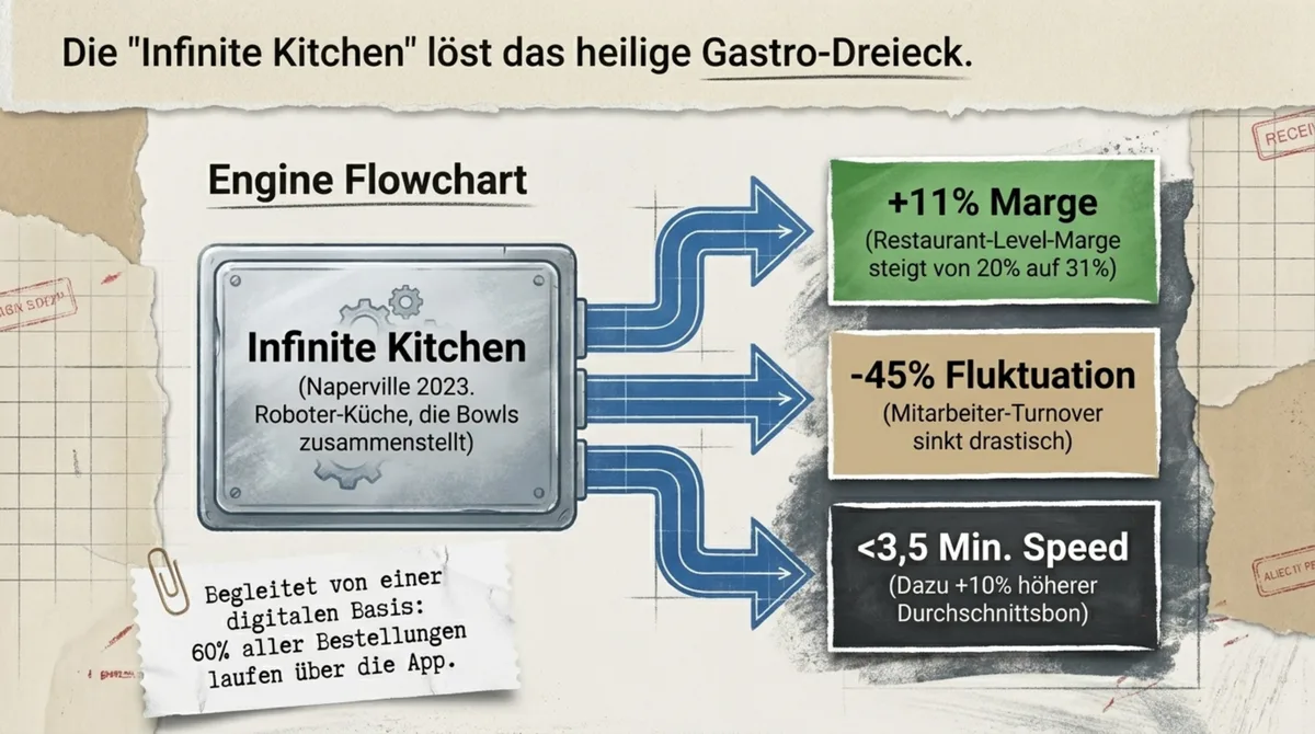 Sweetgreen Infinite Kitchen Engine Flowchart: Roboter-Küche steigert Marge von 20 auf 31 Prozent, senkt Mitarbeiterfluktuation um 45 Prozent