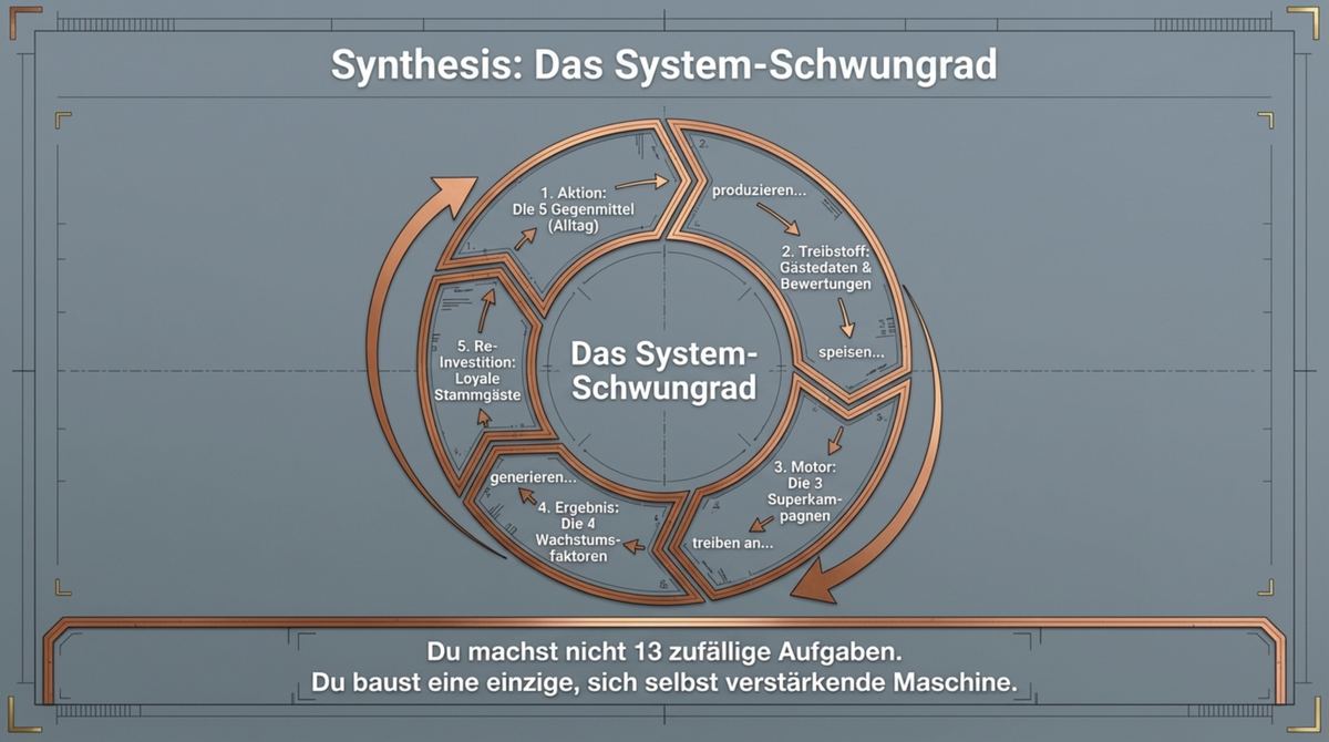 Das System-Schwungrad: 5 Gegenmittel, Gästedaten, 3 Superkampagnen, 4 GastroInsider Wachstumsfaktoren und loyale Stammgäste als sich selbst verstärkende Maschine