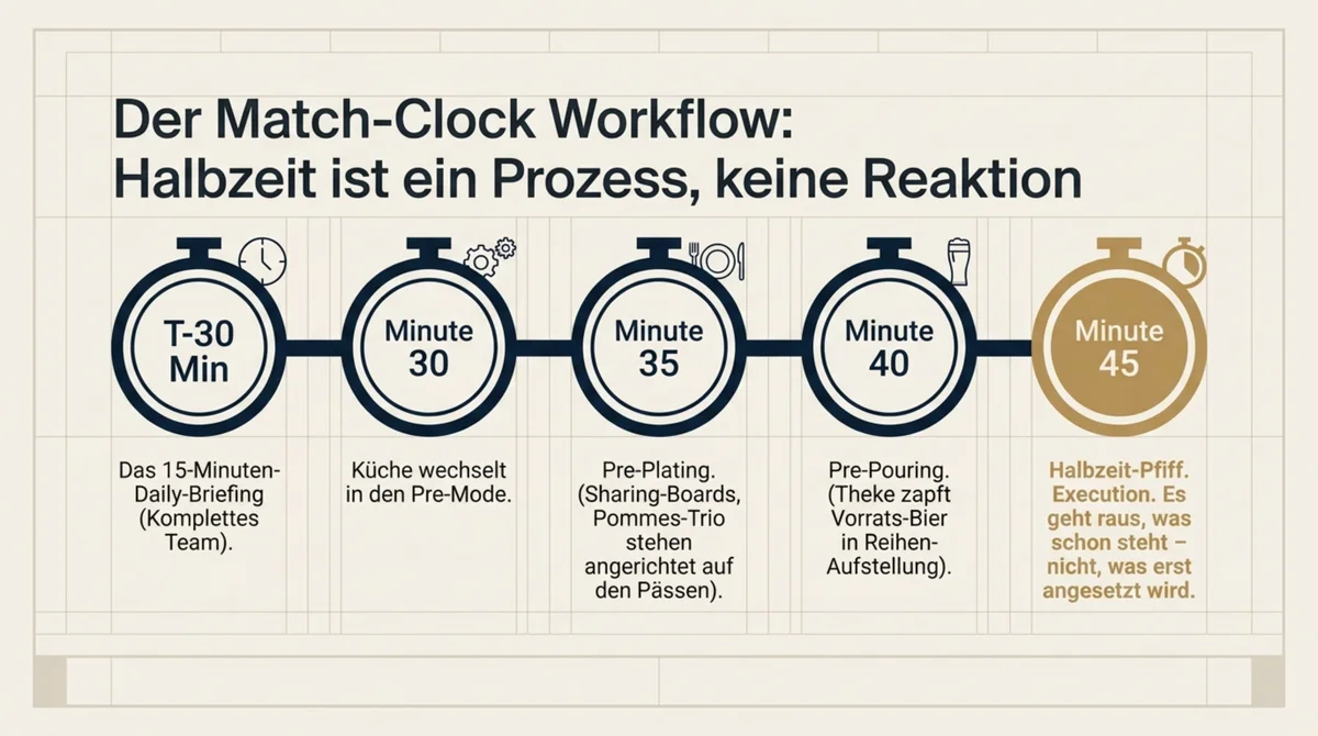 T-30 Match-Clock Workflow: Briefing 30 Minuten vor Anpfiff, Pre-Plating Minute 35, Vor-Zapfen Minute 40, Halbzeit-Pfiff Minute 45