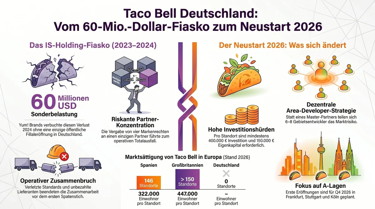 Taco Bell Deutschland Neustart 2026: Area Developer Strategie, Marktsättigung Spanien 146 Standorte vs. Deutschland 0, erste Eröffnungen Frankfurt Stuttgart Köln