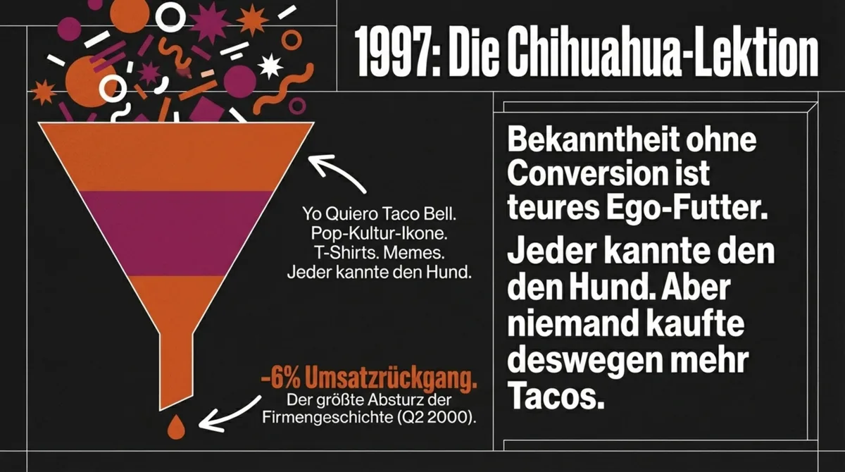 Taco Bell Chihuahua-Kampagne 1997: Viraler Hund, aber 6 Prozent Umsatzrückgang – Bekanntheit ohne Conversion ist teures Ego-Futter
