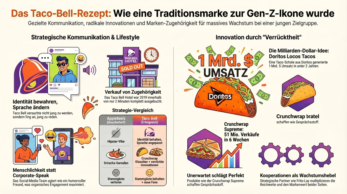 Taco Bell Rezept Gen Z Ikone: Identität bewahren Sprache ändern, Innovation durch Verrücktheit, Menschlichkeit statt Corporate-Speak, Zugehörigkeit als Lifestyle