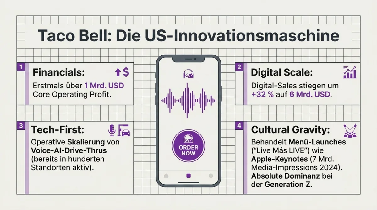 Taco Bell Innovationsmaschine: erstmals 1 Mrd. USD Core Operating Profit, +32 % Digital-Sales auf 6 Mrd. USD, hunderte Voice-AI Drive-Thrus