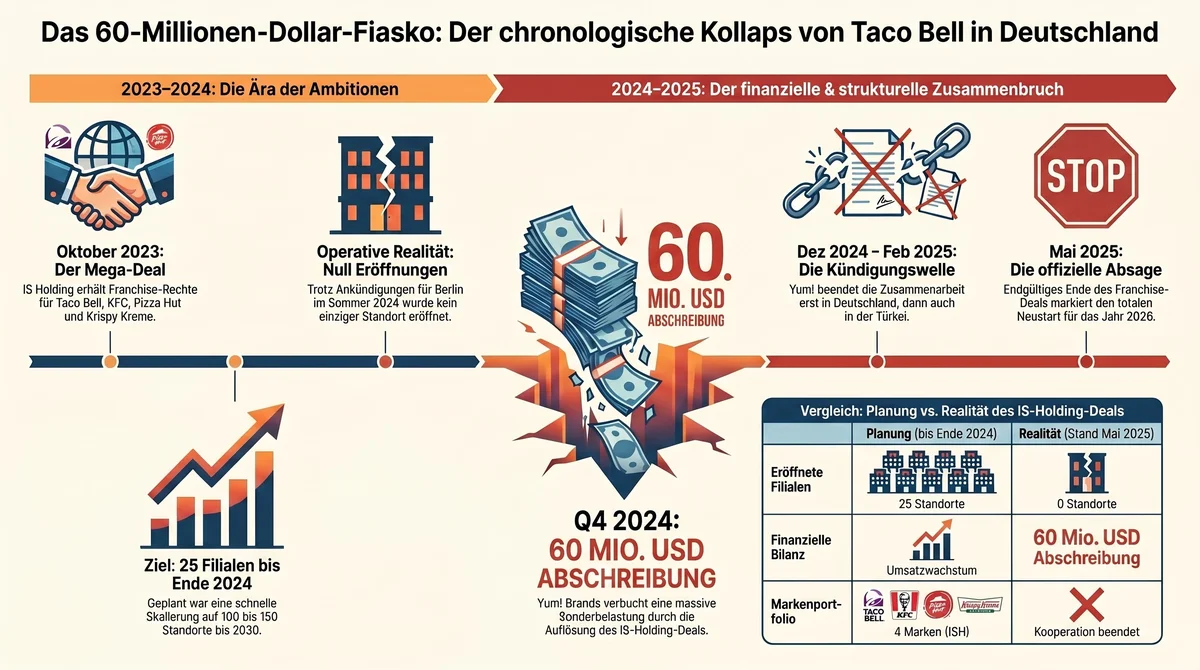 Taco Bell IS Holding Kollaps Timeline 2023–2025: Oktober 2023 Mega-Deal, 0 eröffnete Stores, 60 Millionen USD Abschreibung Q4 2024