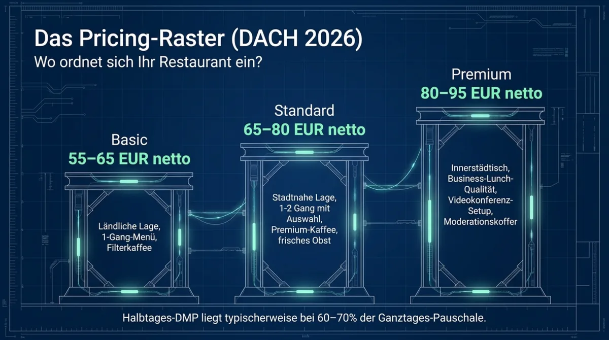 Tagespauschale DMP Preisgefüge DACH 2026: Basic 55-65 EUR, Standard 65-80 EUR, Premium 80-95 EUR netto pro Person