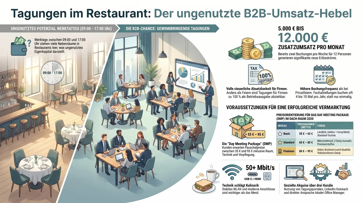 Infografik Tagungsraum Restaurant: 5.000 bis 12.000 EUR Zusatzumsatz pro Monat durch B2B-Tagesgeschäft