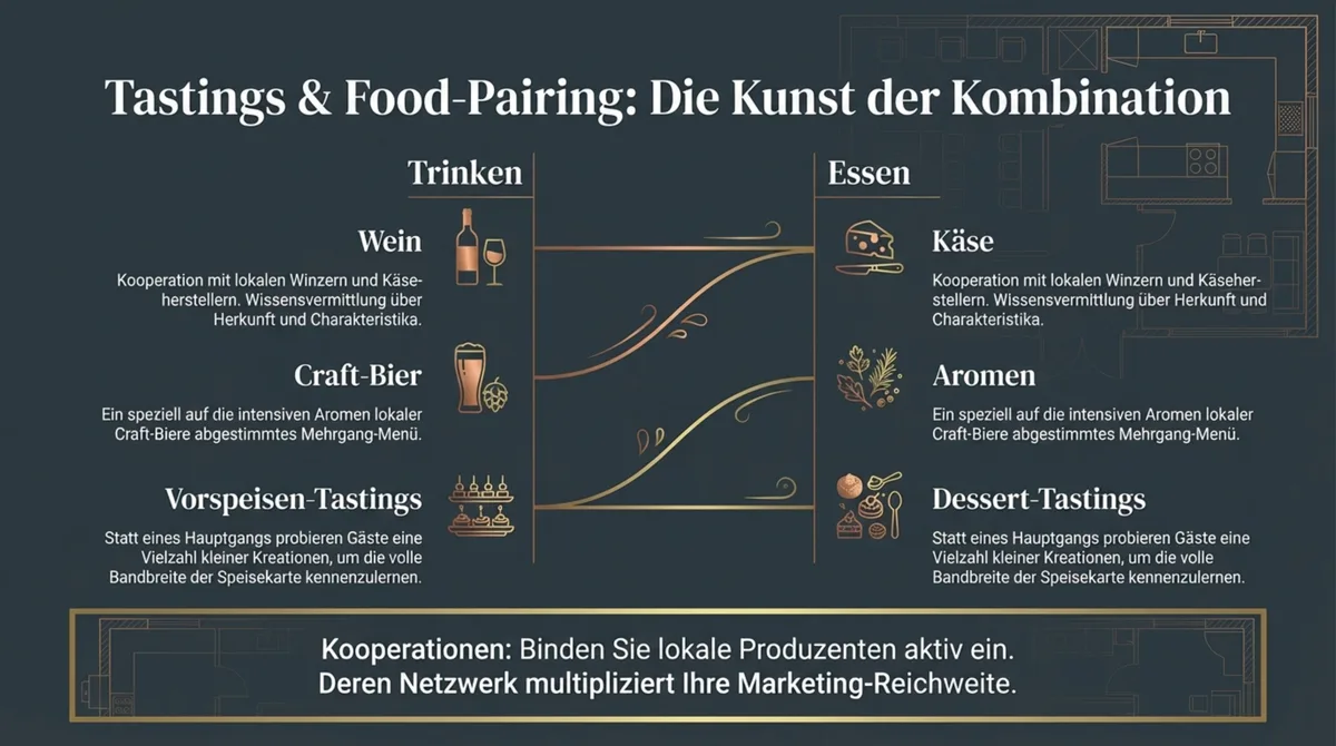 Tastings und Food-Pairing im Restaurant: Wein mit Käse, Craft-Bier mit Aromen, Vorspeisen- und Dessert-Tastings