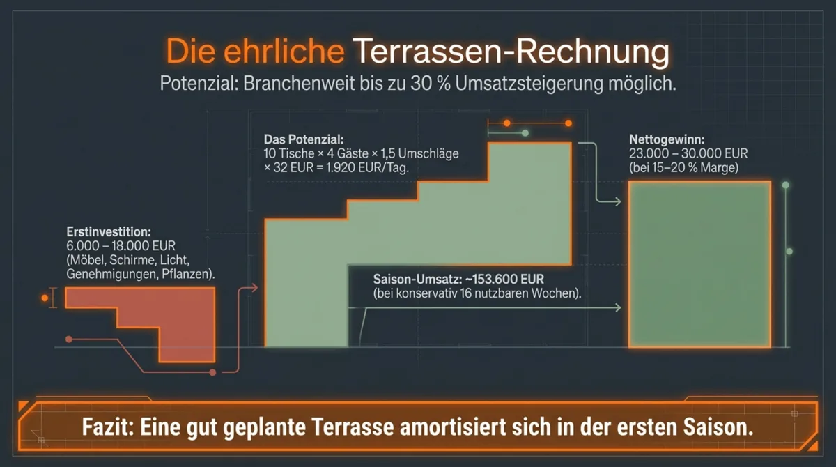 Terrasse Restaurant Umsatz Kalkulation: Investition, Saison-Umsatz und Nettogewinn im ehrlichen Überblick