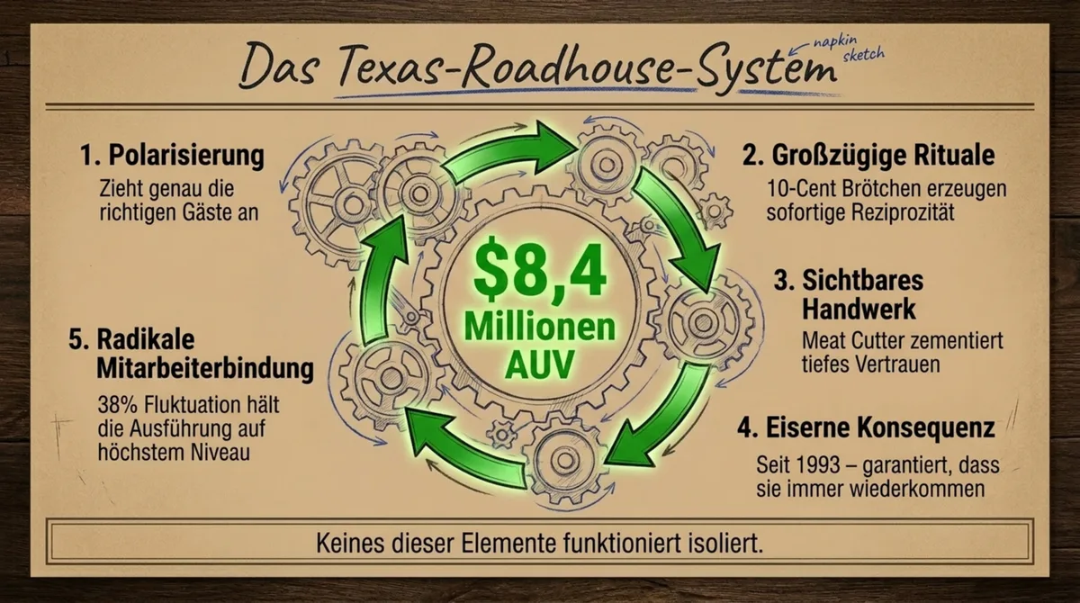Das Texas-Roadhouse-System – fünf Zahnräder Polarisierung, Rituale, Handwerk, Konsequenz, Mitarbeiterbindung ergeben 8,4 Mio AUV