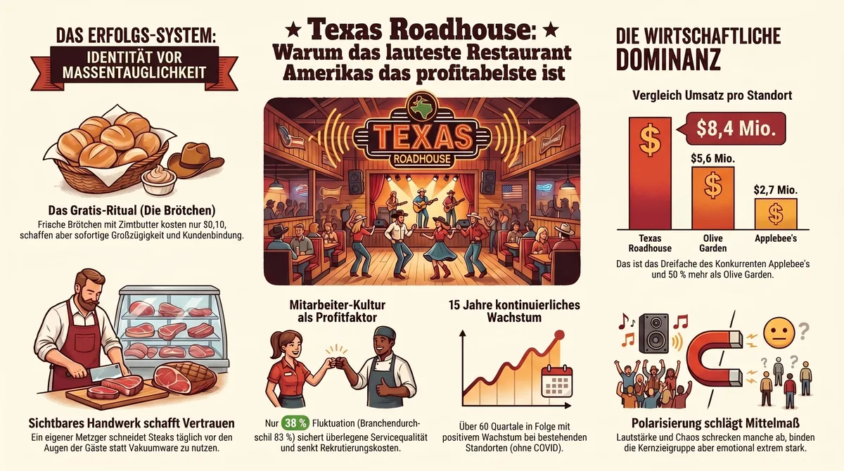 Texas Roadhouse Erfolgs-System Infografik – Brötchen, Handwerk, Mitarbeiter-Kultur, Polarisierung und wirtschaftliche Dominanz im Überblick