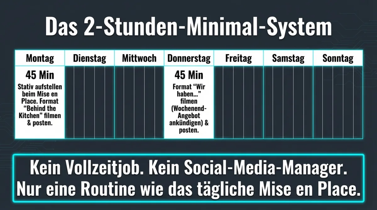 TikTok Restaurant 2-Stunden-Minimal-System: Wochenplan mit Behind-the-Kitchen Montag und Wir-haben-Format Donnerstag