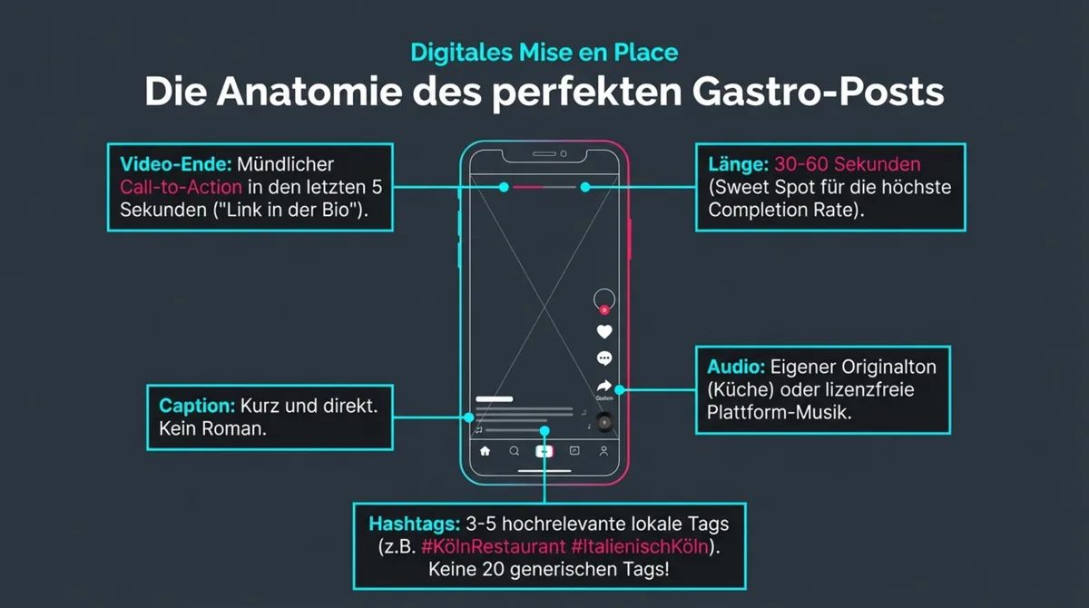 TikTok Restaurant Post Anatomie: 30-60 Sekunden optimale Länge, 3-5 lokale Hashtags, mündlicher Call-to-Action am Video-Ende