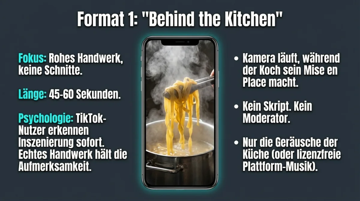TikTok Restaurant Behind the Kitchen Format: Rohes Küchen-Handwerk ohne Skript, 45-60 Sekunden, Handy auf der Theke
