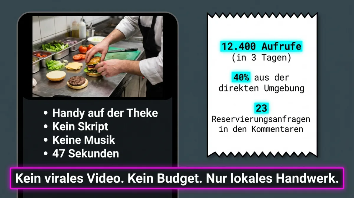 TikTok Restaurant lokale Reichweite: 12.400 Aufrufe in 3 Tagen – 40% aus der Umgebung und 23 Reservierungsanfragen