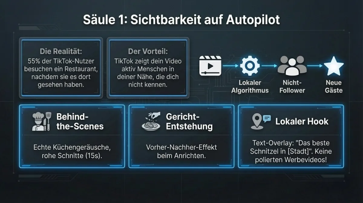 TikTok Säule 1 Sichtbarkeit auf Autopilot: 55 Prozent der TikTok-Nutzer besuchen Restaurants nach dem Video, lokaler Algorithmus erreicht Nicht-Follower, Behind-the-Scenes und Gericht-Entstehung als Content-Formate