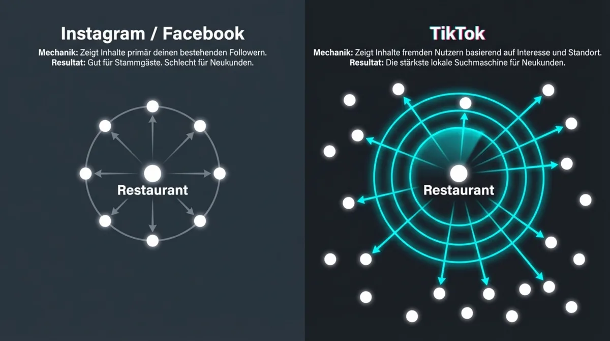 TikTok vs Instagram Algorithmus für Restaurants: TikTok zeigt Inhalte fremden Nutzern in der Nähe – die stärkste lokale Suchmaschine für Neukunden