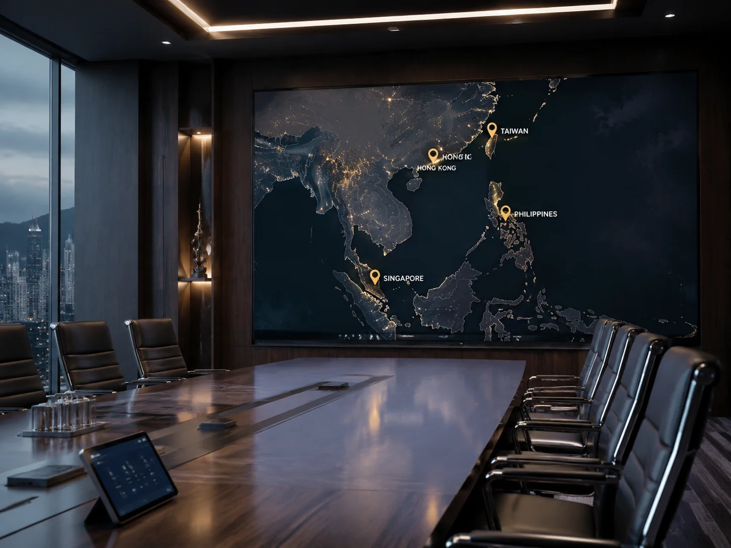 Konzern-Boardroom mit Asia-Pacific-Restaurant-Footprint-Karte an der Wand