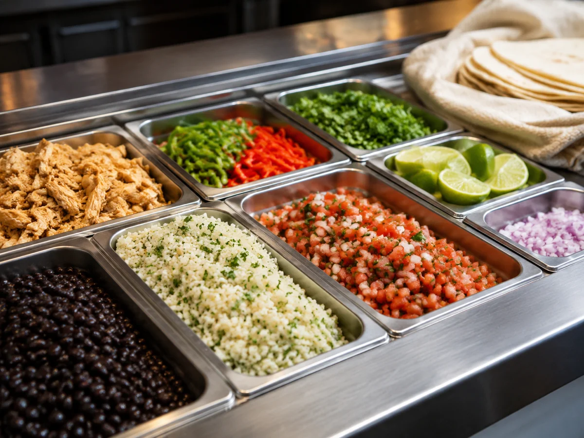 Frische Burrito-Zutaten in Edelstahl-Pfannen entlang einer kalifornisch inspirierten Assembly-Line-Theke