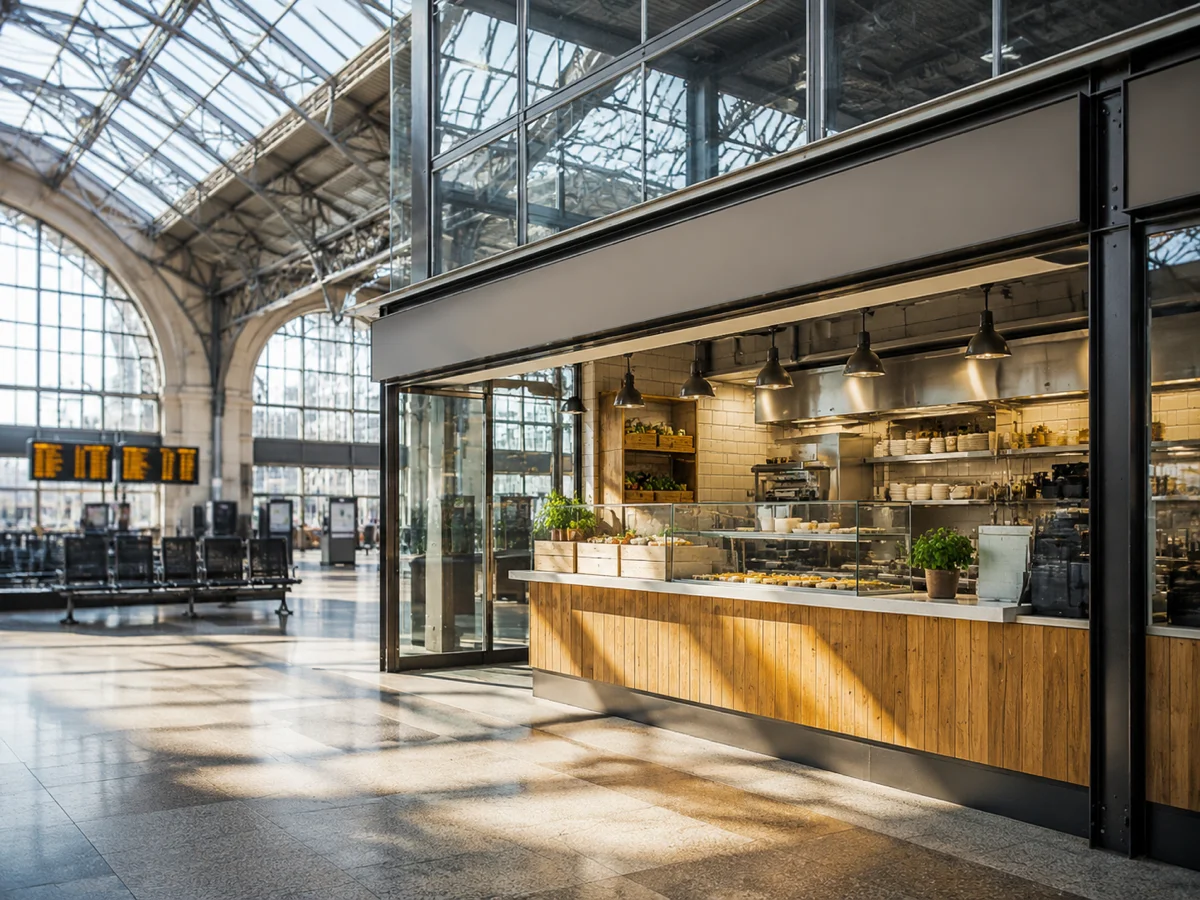 Moderne UK-Travel-Hub-Architektur mit Casual-Fast-Food-Standort in einer hellen Bahnhofs-Halle mit Wartebereichen