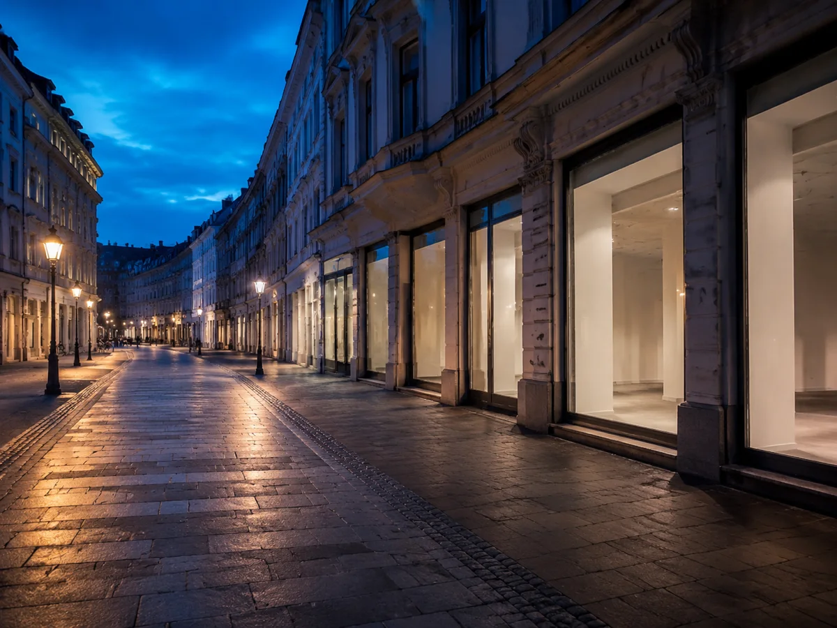 Leere zentrale Berliner Einkaufsstraße bei Abenddämmerung mit vakanten Fast-Casual-Standorten und urbaner Frequenz